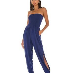 Bobi Los Angeles Smocked Strapless Jumpsuit Dark Navy Side Slit Size S NWT